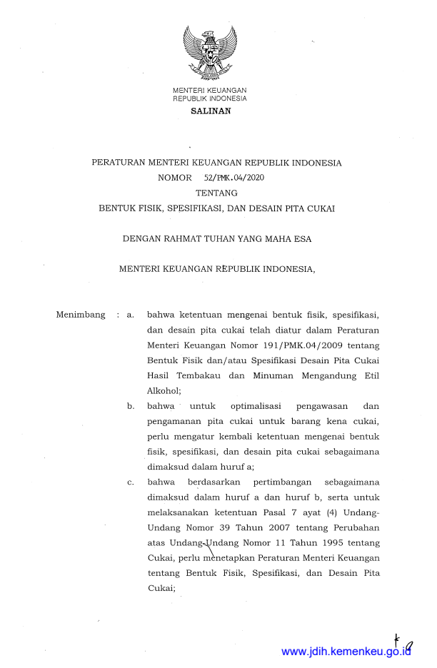 Peraturan Menteri Keuangan Nomor 52/PMK.04/2020