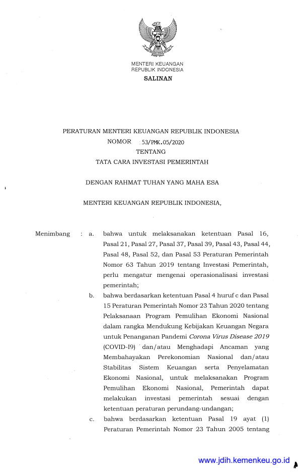 Peraturan Menteri Keuangan Nomor 53/PMK.05/2020