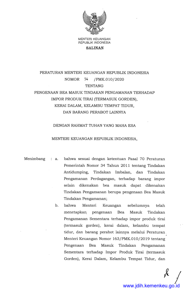 Peraturan Menteri Keuangan Nomor 54/PMK.010/2020