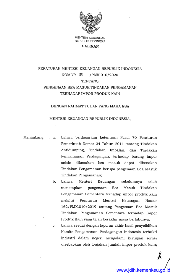 Peraturan Menteri Keuangan Nomor 55/PMK.010/2020