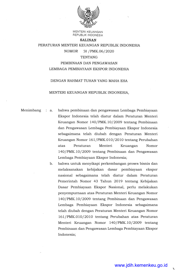 Peraturan Menteri Keuangan Nomor 58/PMK.06/2020