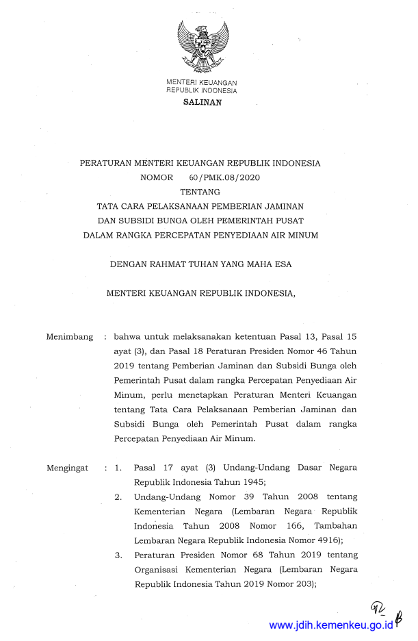 Peraturan Menteri Keuangan Nomor 60/PMK.08/2020