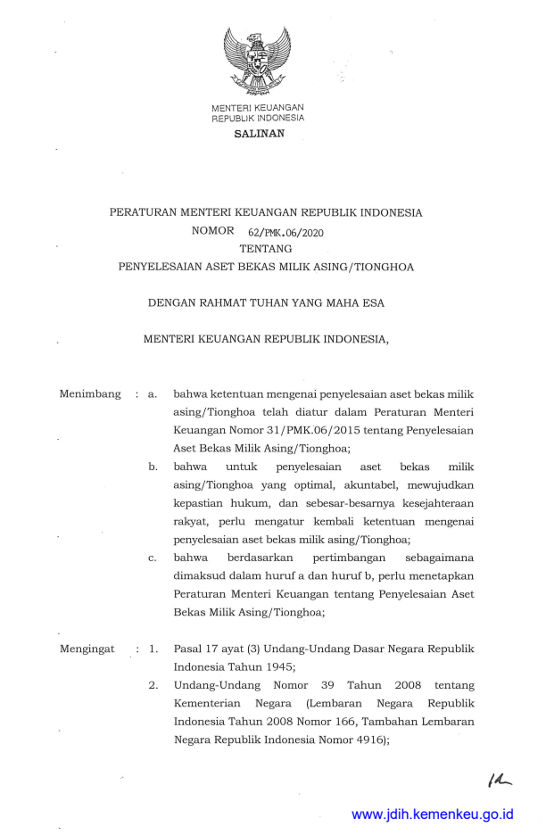 Peraturan Menteri Keuangan Nomor 62/PMK.06/2020