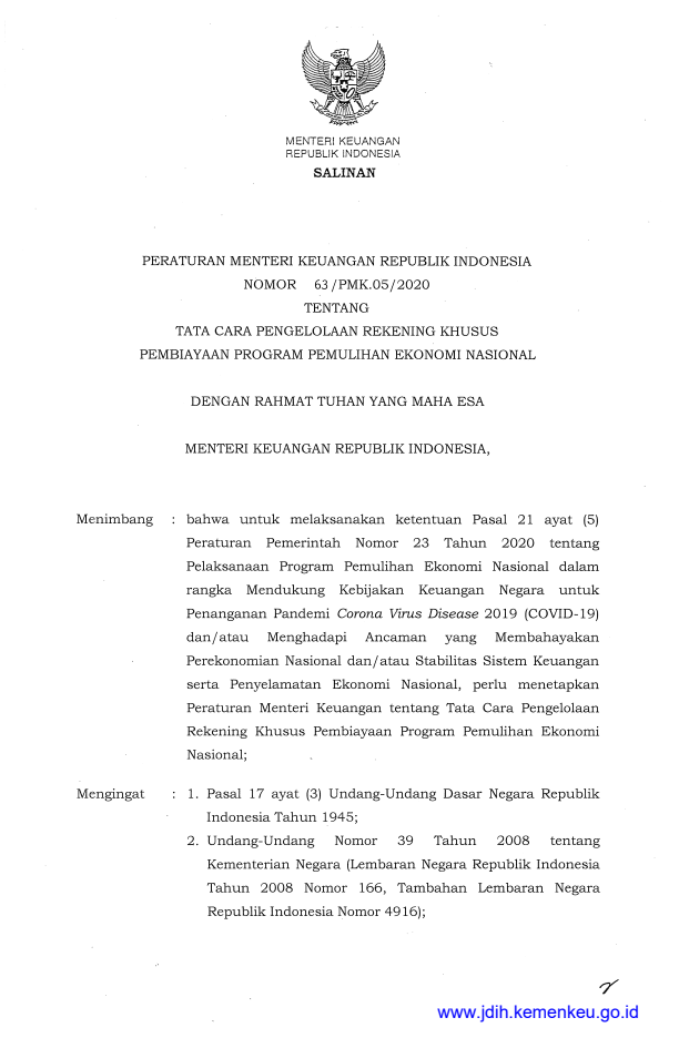 Peraturan Menteri Keuangan Nomor 63/PMK.05/2020