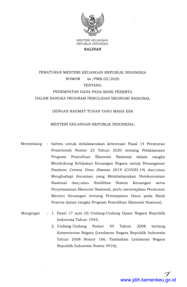 Peraturan Menteri Keuangan Nomor 64/PMK.05/2020