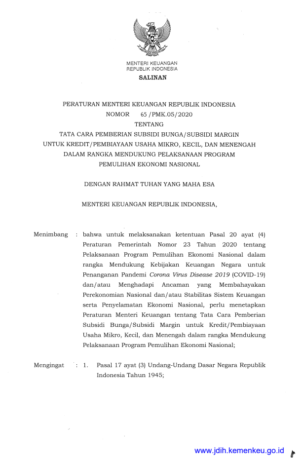 Peraturan Menteri Keuangan Nomor 65/PMK.05/2020