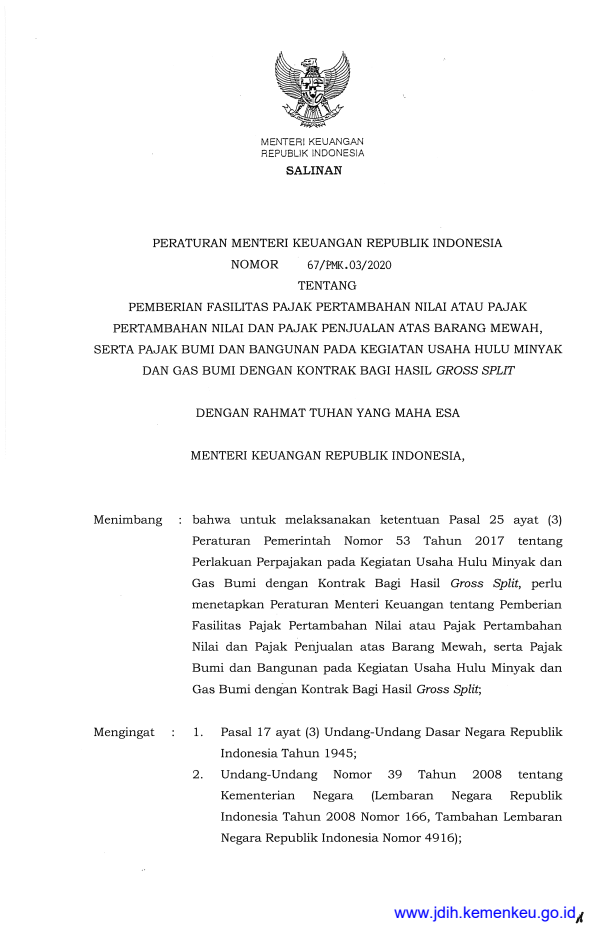 Peraturan Menteri Keuangan Nomor 67/PMK.03/2020