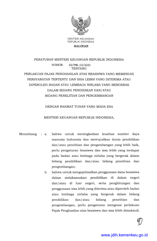 Peraturan Menteri Keuangan Nomor 68/PMK.03/2020