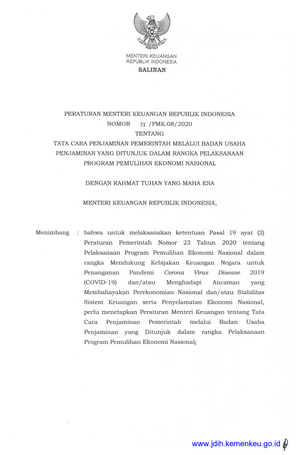 Peraturan Menteri Keuangan Nomor 71/PMK.08/2020