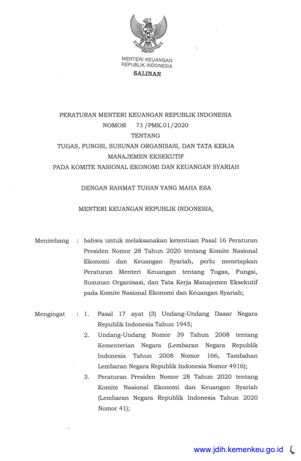 Peraturan Menteri Keuangan Nomor 73/PMK.01/2020