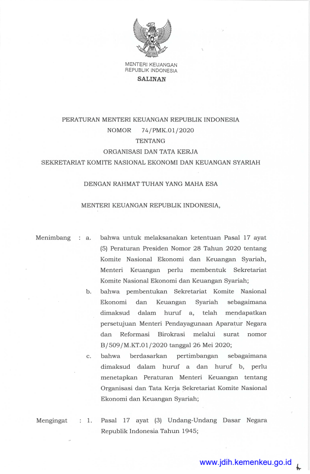 Peraturan Menteri Keuangan Nomor 74/PMK.01/2020