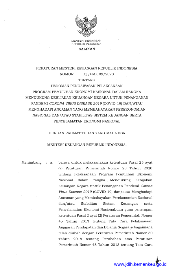 Peraturan Menteri Keuangan Nomor 75/PMK.09/2020