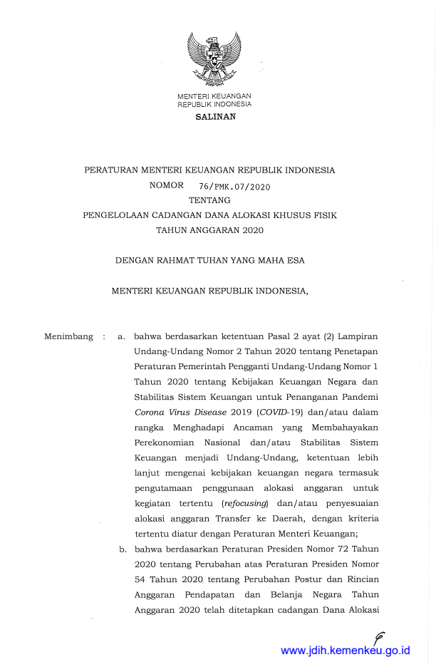 Peraturan Menteri Keuangan Nomor 76/PMK.07/2020