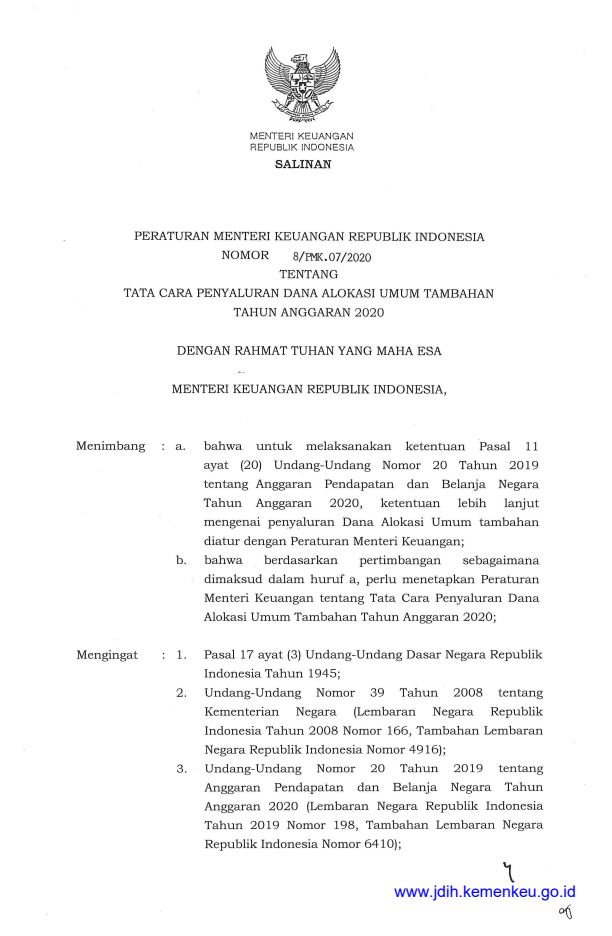 Peraturan Menteri Keuangan Nomor 8/PMK.07/2020