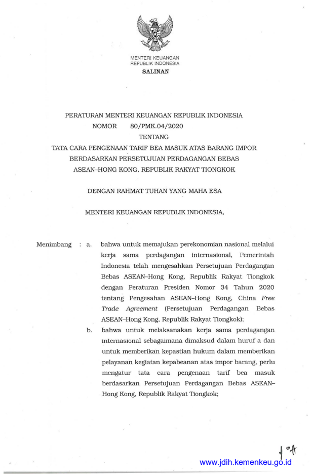 Peraturan Menteri Keuangan Nomor 80/PMK.04/2020