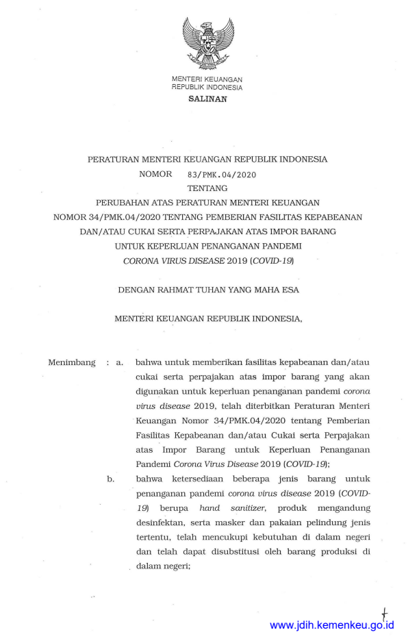 Peraturan Menteri Keuangan Nomor 83/PMK.04/2020