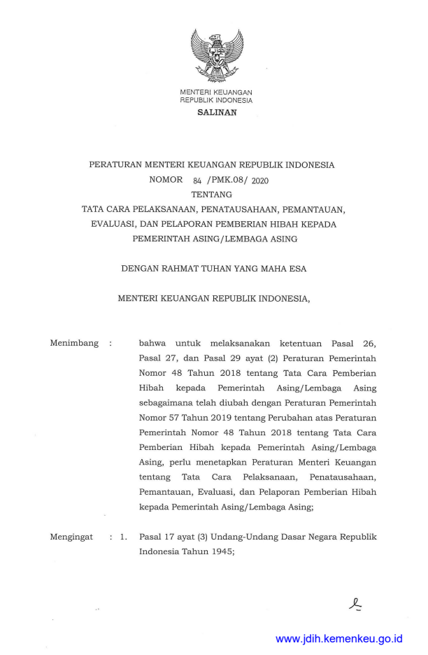 Peraturan Menteri Keuangan Nomor 84/PMK.08/2020