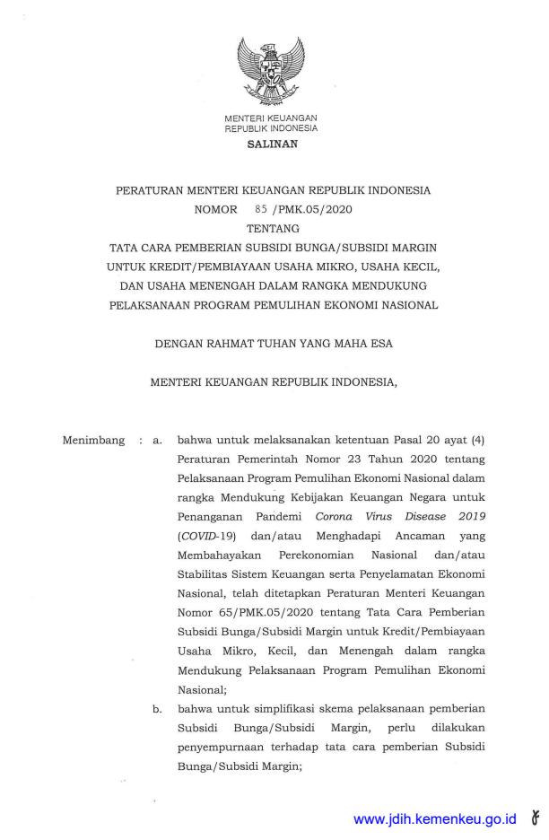 Peraturan Menteri Keuangan Nomor 85/PMK.05/2020