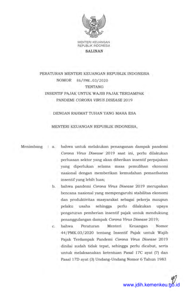 Peraturan Menteri Keuangan Nomor 86/PMK.03/2020