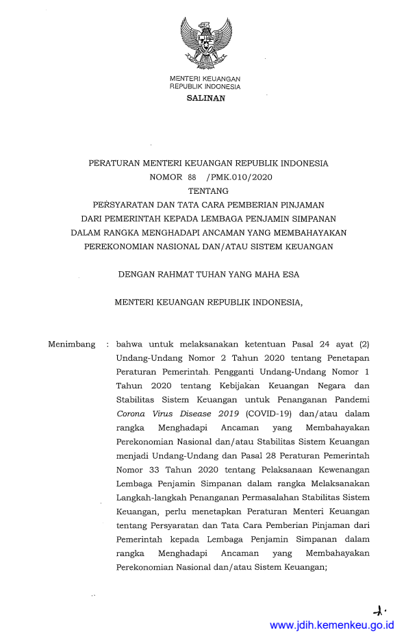 Peraturan Menteri Keuangan Nomor 88/PMK.010/2020