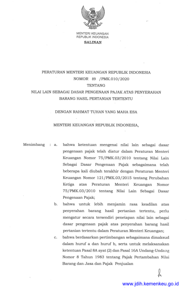 Peraturan Menteri Keuangan Nomor 89/PMK.010/2020