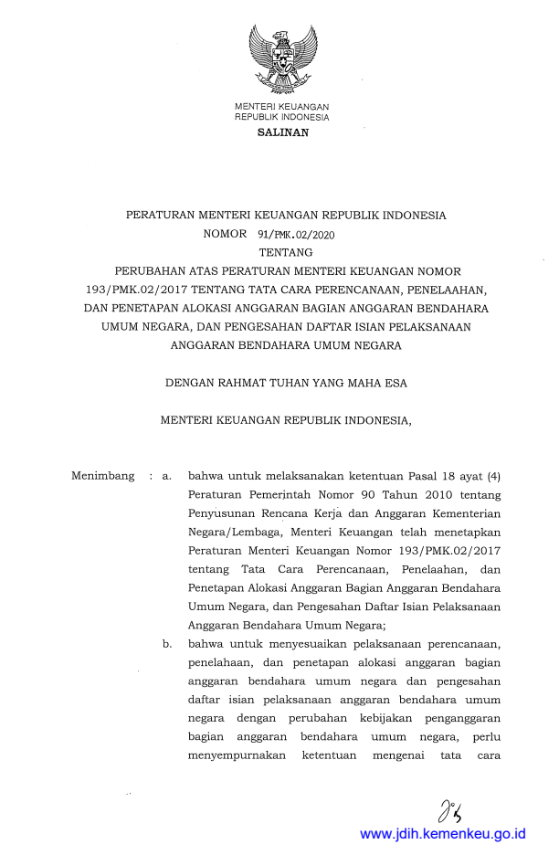 Peraturan Menteri Keuangan Nomor 91/PMK.02/2020