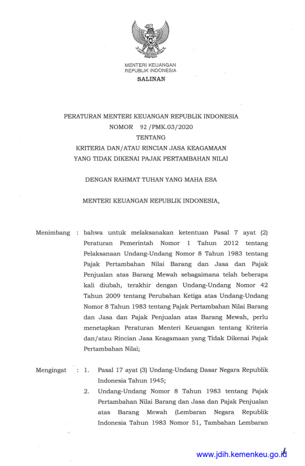 Peraturan Menteri Keuangan Nomor 92/PMK.03/2020