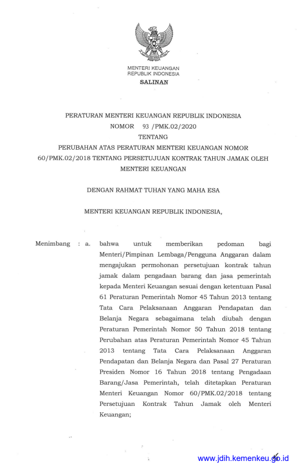 Peraturan Menteri Keuangan Nomor 93/PMK.02/2020