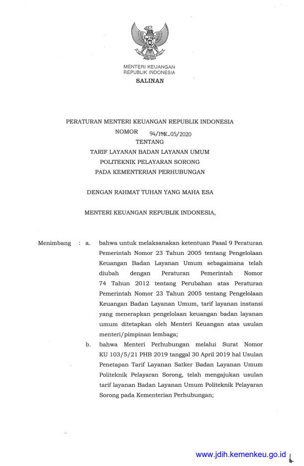 Peraturan Menteri Keuangan Nomor 94/PMK.05/2020