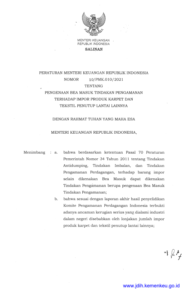 Peraturan Menteri Keuangan Nomor 10/PMK.010/2021