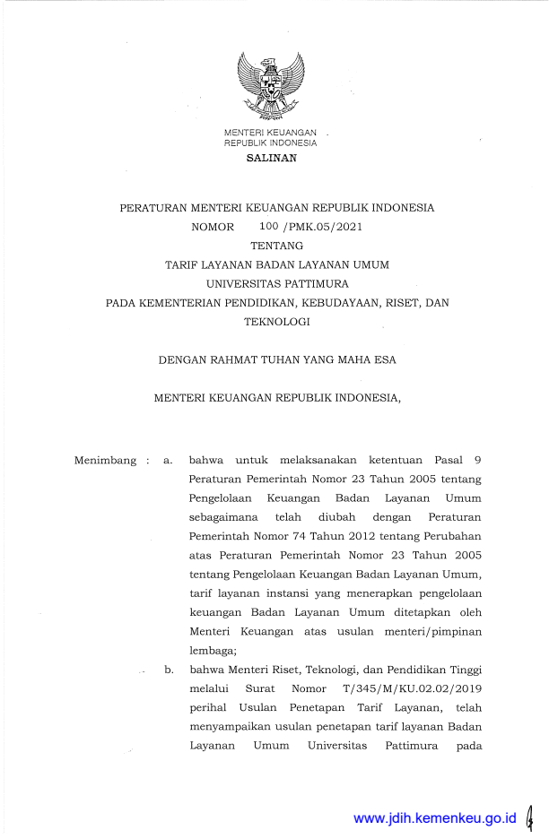 Peraturan Menteri Keuangan Nomor 100/PMK.05/2021