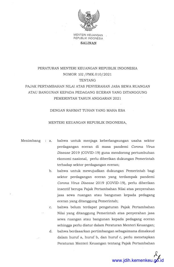 Peraturan Menteri Keuangan Nomor 102/PMK.010/2021