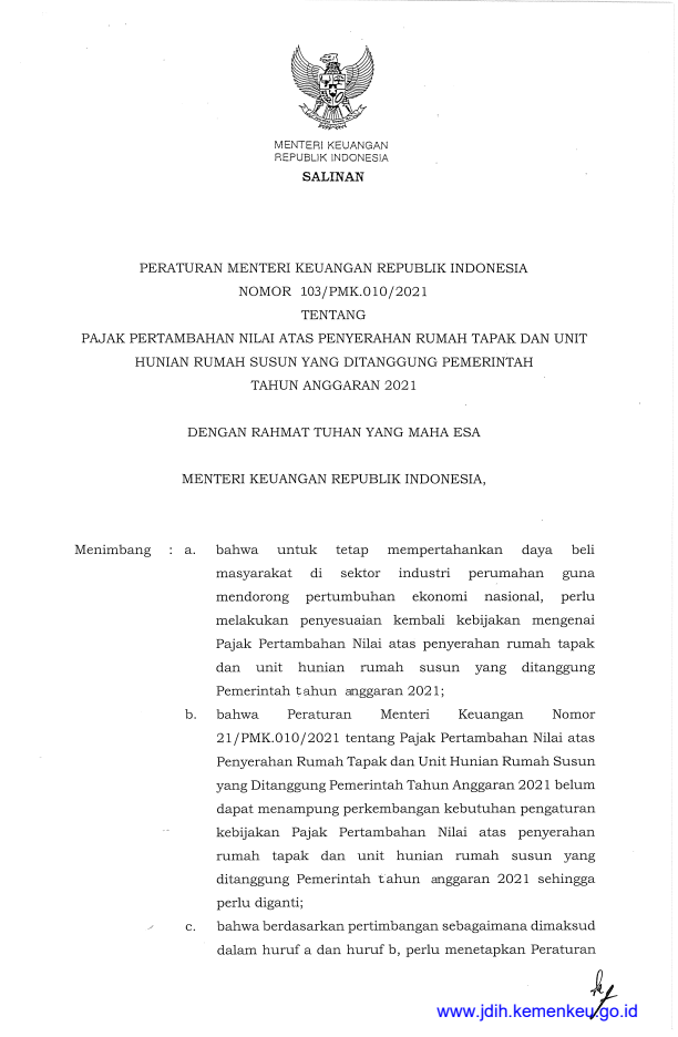 Peraturan Menteri Keuangan Nomor 103/PMK.010/2021