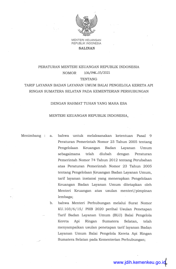 Peraturan Menteri Keuangan Nomor 106/PMK.05/2021