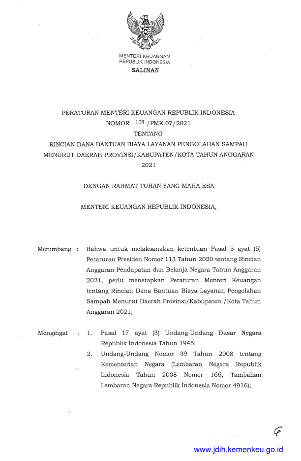 Peraturan Menteri Keuangan Nomor 108/PMK.07/2021