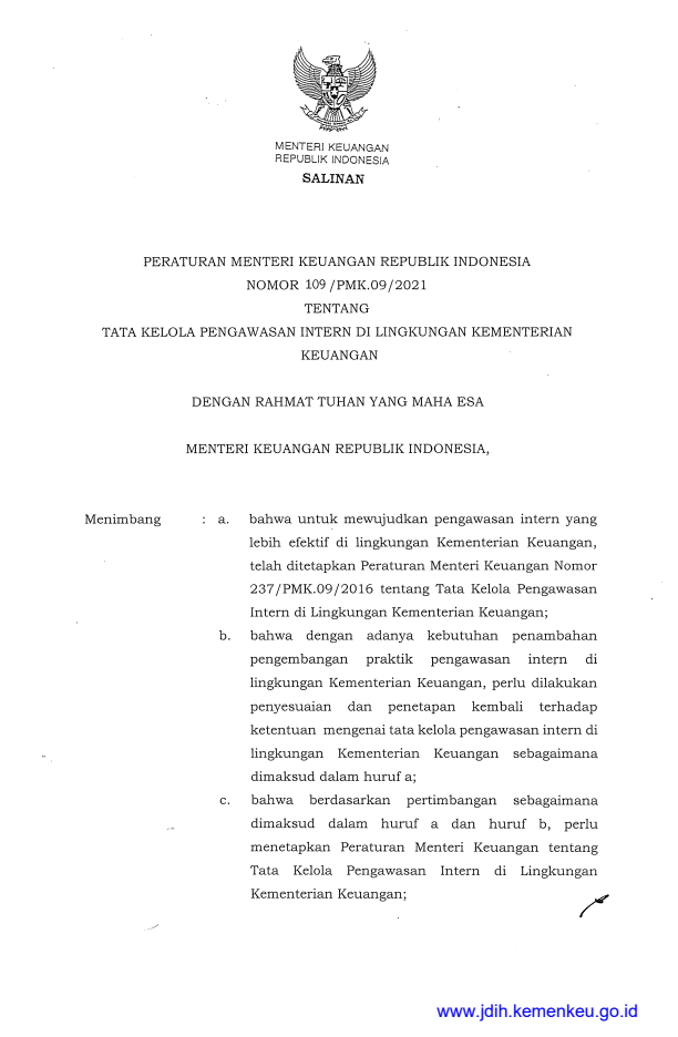 Peraturan Menteri Keuangan Nomor 109/PMK.09/2021