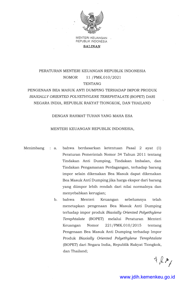 Peraturan Menteri Keuangan Nomor 11/PMK.010/2021