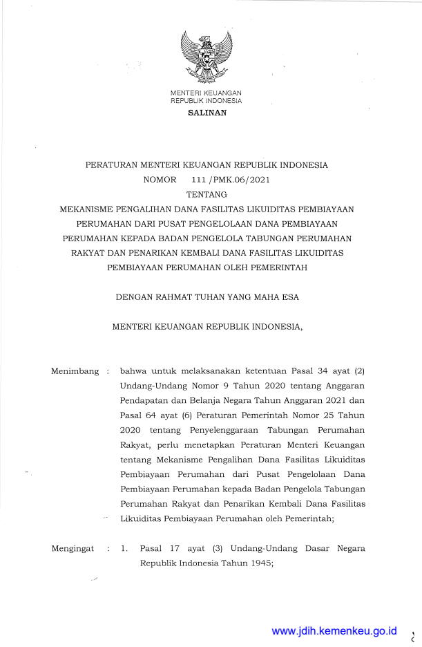 Peraturan Menteri Keuangan Nomor 111/PMK.06/2021