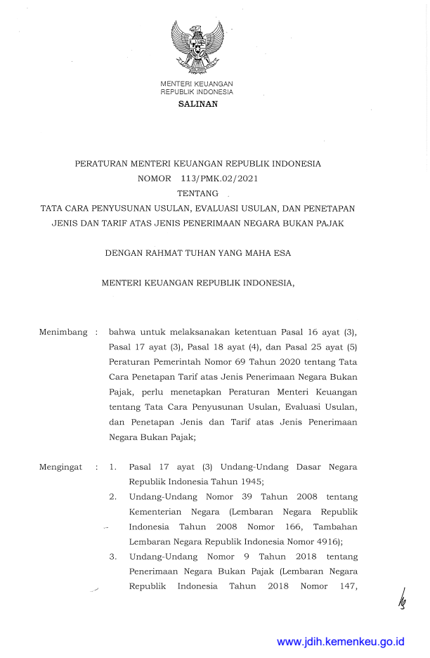 Peraturan Menteri Keuangan Nomor 113/PMK.02/2021