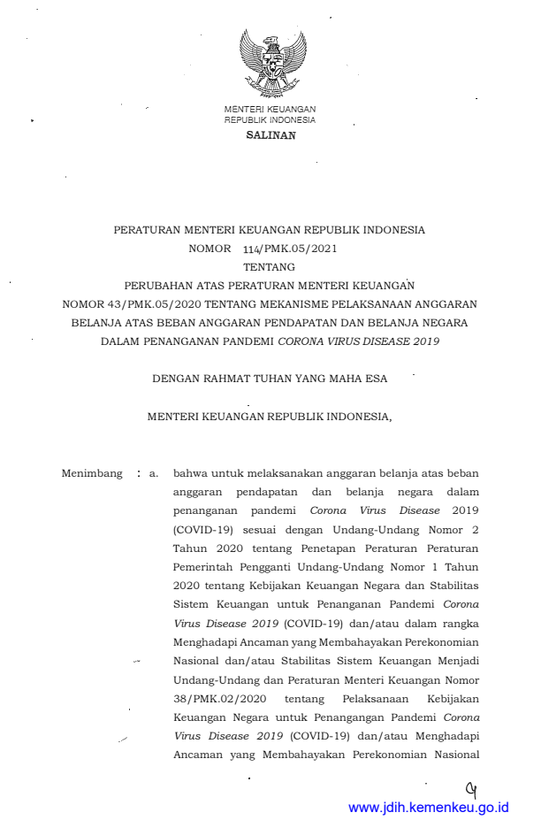 Peraturan Menteri Keuangan Nomor 114/PMK.05/2021