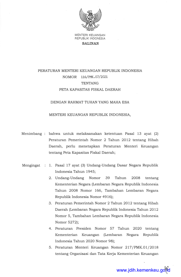 Peraturan Menteri Keuangan Nomor 116/PMK.07/2021