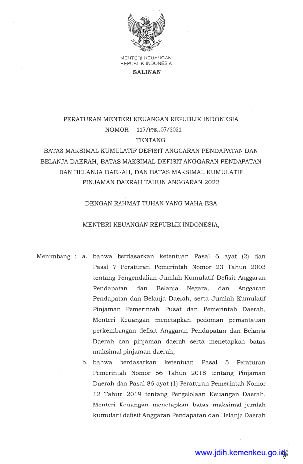 Peraturan Menteri Keuangan Nomor 117/PMK.07/2021