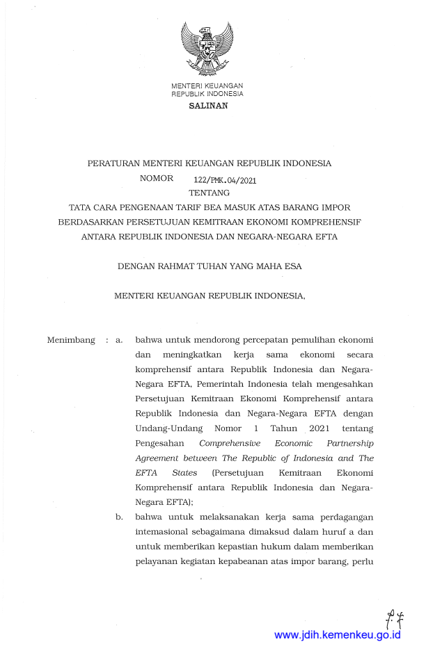 Peraturan Menteri Keuangan Nomor 122/PMK.04/2021