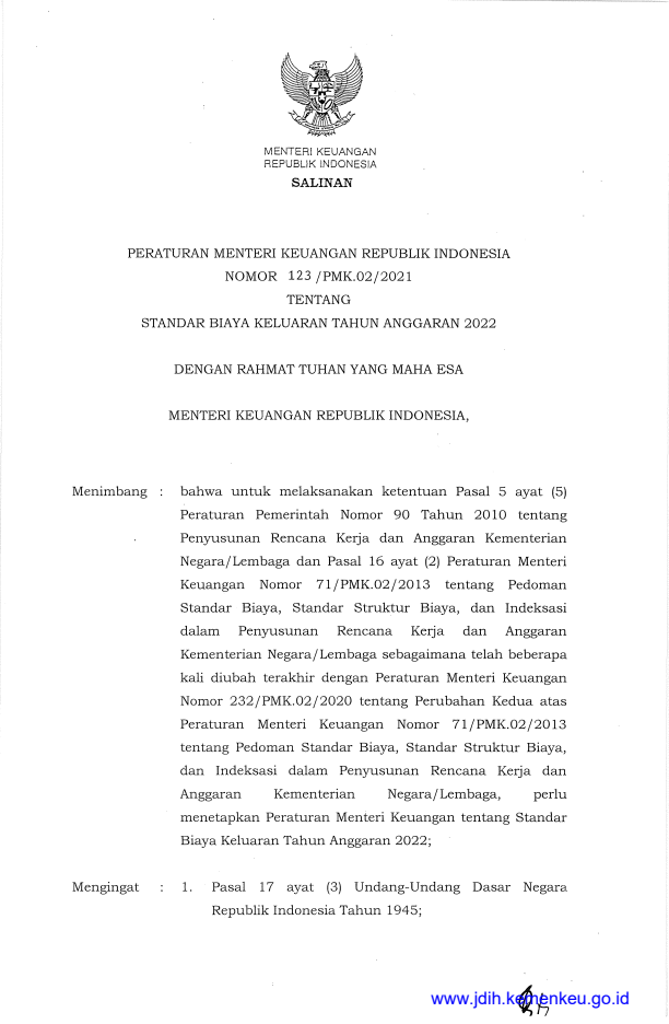 Peraturan Menteri Keuangan Nomor 123/PMK.02/2021