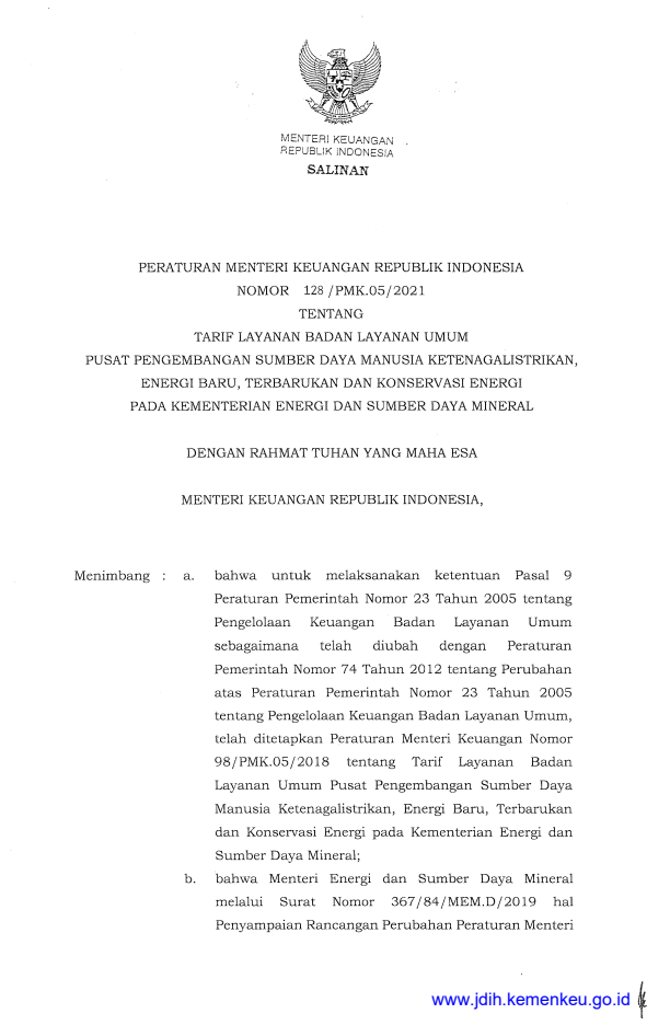 Peraturan Menteri Keuangan Nomor 128/PMK.05/2021