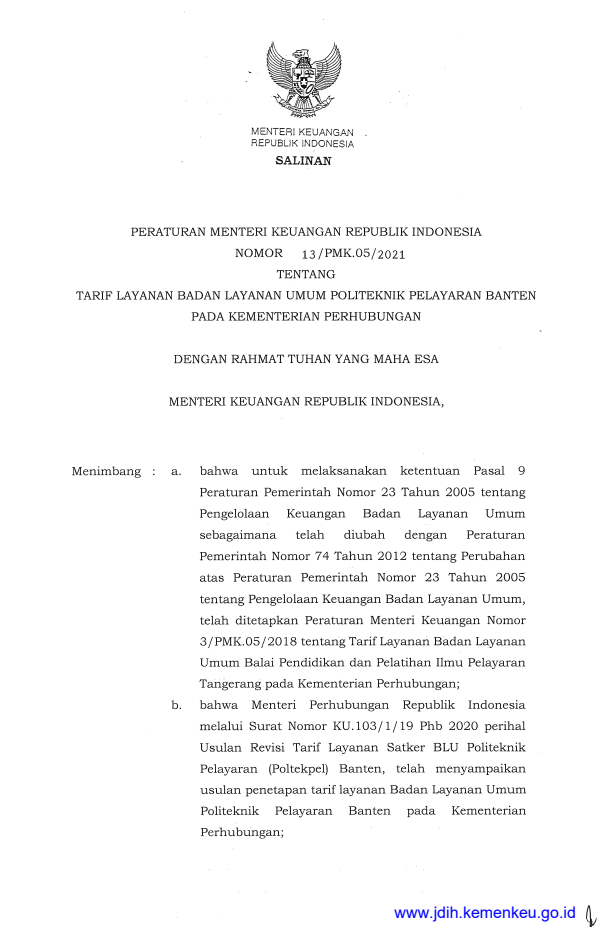 Peraturan Menteri Keuangan Nomor 13/PMK.05/2021