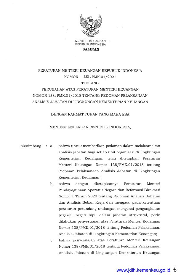 Peraturan Menteri Keuangan Nomor 130/PMK.01/2021