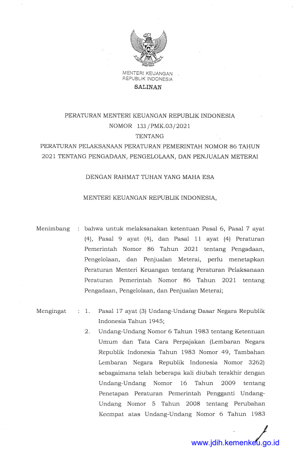 Peraturan Menteri Keuangan Nomor 133/PMK.03/2021