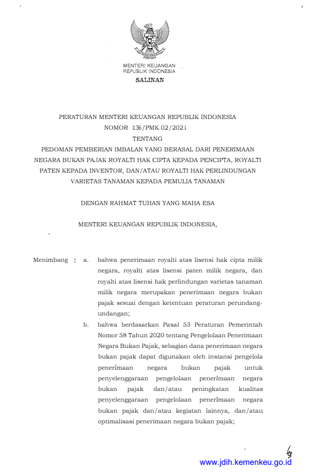Peraturan Menteri Keuangan Nomor 136/PMK.02/2021