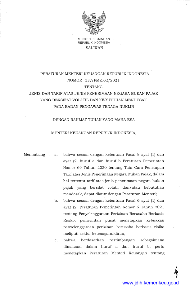 Peraturan Menteri Keuangan Nomor 137/PMK.02/2021